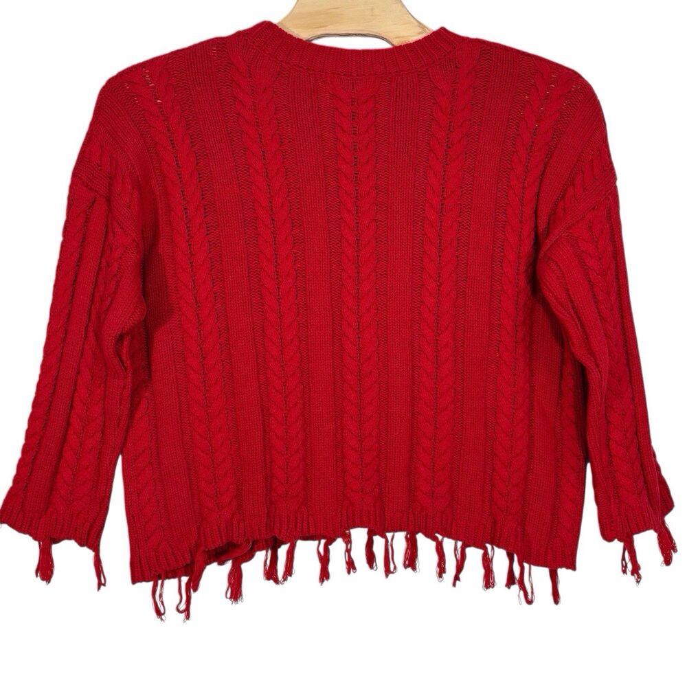 Umgee Cable Knit Sweater XL Red Dropped Shoulders Frayed Tassel Hem Fisherman - Picture 4 of 11